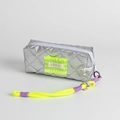 Silver quilted pencil case with neon green frills and a colorful woven carry strap - Silver Neon Green Rhombus