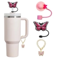 Pink butterfly straw cover set for cups with gold chain butterfly charm accessories - Suitable for 8mm Straws / Pink Jewelry Set