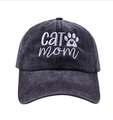 Detailed embroidery of white cat mom text and a small paw on black washed denim cap - CAT MOM Embroidery / Black