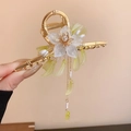 Golden flower hair claw with white petals, green leaves and elegant pearl tassels - No.20 Claw-3#Gold-White Flower Pearl Tassel