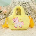Detail of plush yellow unicorn crossbody bag featuring soft fur and bow embroidery - 18*13*5cm / Yellow