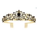 Elegant gold bridal crown with black teardrop crystals and integrated hair combs - Gold Base Black Rhinestone