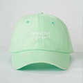 Macro detail of the embroidered slogan and washed cotton texture on mint green baseball cap - One Size / Washed Light Green