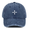 Casquette vintage en denim délavé avec broderie croix et détails usés de style rétro - Réglable / Bleu marine