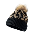 Gorro de punto de leopardo para invierno con pompón marrón grande y borde acanalado - Negro (21B002 Negro)
