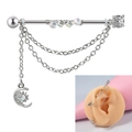 Boucle d'oreille barbell en acier argenté avec charms lune et chaînes - N° 6