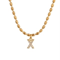 Golden olive bead chain necklace with a zircon-encrusted letter X pendant - Letter X