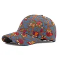 Navy blue baseball cap featuring colorful owl and autumn leaf patterns in durable canvas - Adjustable / Grey Blue