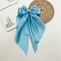 Elegant light blue satin bow hair clip with long ribbons and smooth silky texture - Light Green