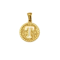 Pendentif en acier titane doré 18K avec lettre T blanche sur fond en métal martelé texturé - Lettre T (S-P173-T)