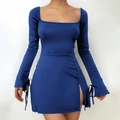 Slim fit royal blue square neck long sleeve dress with side slit and cuff ribbon detail - S / Blue