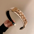 Elegant beige fabric headband featuring a stylish gold metal chain decoration - 19# Headband