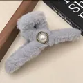 Furry grey plush shark clip for women featuring a large elegant pearl decoration - Gray