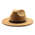 Classic camel wool jazz fedora hat with a wide brim and stylish leather metal buckle band - M (56-58cm) / Camel