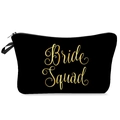 Close-up of black canvas makeup bag with gold Bride Squad lettering and zipper handle - Black-Gold Bride Squad