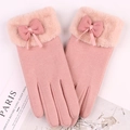 Pink winter thermal gloves with faux fur trim and bow detail for women outdoor use - Half Round Fur Bow / Pink