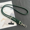 Detail of 8mm dark green woven nylon phone lanyard with silver metal buckle and connector - 8mm Dual Adjustable / Dark Green