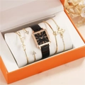 Women's square black quartz watch with four assorted gold charm bracelets in orange gift box - Watch Bracelet and Gift Box Set / Black