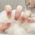 Short square press-on nails with pink gradient and delicate tulip pattern glossy finish - R755 Soft Focus Flowers / Nail Glue Version
