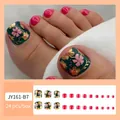 Deep green and magenta floral press-on toe nails set, 24 pieces pack, model JY161-B7 - JY161-B7 Sweet Cool Floral