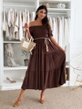Detail of dark brown off-shoulder dress featuring tiered skirt and woven belt texture - S / Dresses / Dark Coffee