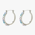 Classic silver hoop earrings with pastel multi-color round gemstones on a white background - White Gold