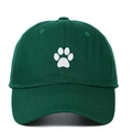 Close-up of a dark green cotton baseball cap featuring white paw print embroidery detail - One Size / Emerald Green