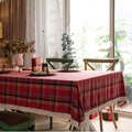 Red plaid Christmas tablecloth with tassel fringe in a cozy festive dining room setting - 140*220cm / Red Christmas Plaid with White Tassels