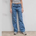 Women's vintage washed blue high-waist straight leg denim jeans in street casual style - S / Dark Blue