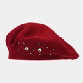 Close-up of red knit beret featuring delicate 3D floral embroidery and sparkling rhinestones - M(56-58cm) / Burgundy