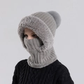 Cappuccio grigio in maglia con bordo in ecopelliccia e scaldacollo per donna - Grigio