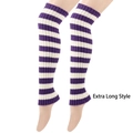 Detail of long purple and white striped rib-knit leg warmers in extended style for winter - Extended 55cm / Purple White Stripes