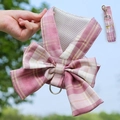 Close-up of pink plaid pet harness with breathable mesh lining and a large decorative bow - Deep Pink Plaid