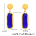 Detailed size view of gold stainless steel earrings with blue faceted glass stones - Oval Dangle Style (TXF272) / Gold Blue