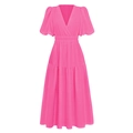 Elegant rose red midi dress with V-neckline, puff sleeves, and tiered cake skirt layers - S / Rose Red