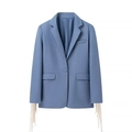 Chaqueta de lana azul para mujer con flecos blancos en los puños y cuello tipo sastre - S / Azul Niebla