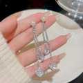 925 silver needle pearl tassel earrings with heart-shaped zircon drop dangles - E0254 Silver Needle (Pearl Heart Zircon Tassel Silver)