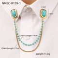 Gold oval turquoise collar pin brooch with double chains on a white shirt collar - NMSC-R159-1 (Rectangle/Beaded Chain) / 18K Gold