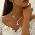 Close-up of bridal jewelry set with sparkling rhinestone fringe necklace and earrings - Silver 203-Crown Fan Shape