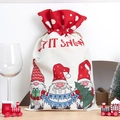 Off-white linen Christmas drawstring gift bag featuring three holiday gnomes and Let It Snow text - Santa Claus / Gnome