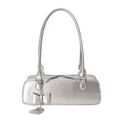 Metallic silver rectangular baguette shoulder bag with NO FILTER text and bow charm - Silver