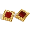 Vintage 18K gold plated stainless steel square earrings with red ruby stone centers - Square Serrated Ruby Stud Earrings - Gold