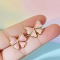 Elegant gold-plated stainless steel bow earrings with soft pink enamel inlay for women - Red