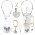 Sparkling silver rhinestone accessories set for tumbler including heart charm and bow sleeve - Silver White Tassel Luxury Set