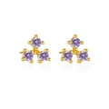 Detail view of gold-plated S925 silver stud earrings with three purple round-cut gemstones - 925 Silver / 18K Gold Purple Rhinestone