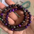 Tiger eye and agate bead bracelet set with micro-paved copper dragon charm in purple and black - Purple Tiger Eye