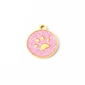 Pink glitter enamel pet paw print round charm in golden stainless steel finish - Pink