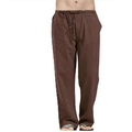 Detail of dark brown linen pants for men with adjustable drawstring waist and relaxed fit - M / Brown