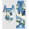 Three-piece bikini set with blue floral print and matching long wrap skirt beachwear - S / Peony Series