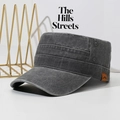 Retro charcoal grey flat top army cap in washed canvas with mountain leather patch - Adjustable / Gray